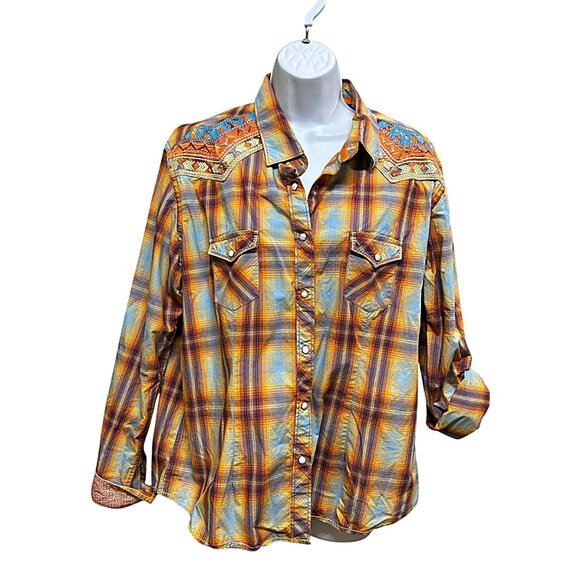 Panhandle Tops - Panhandle Rough Stock Orange Multicolor Embroidered Snap Front Shirt Size XL
